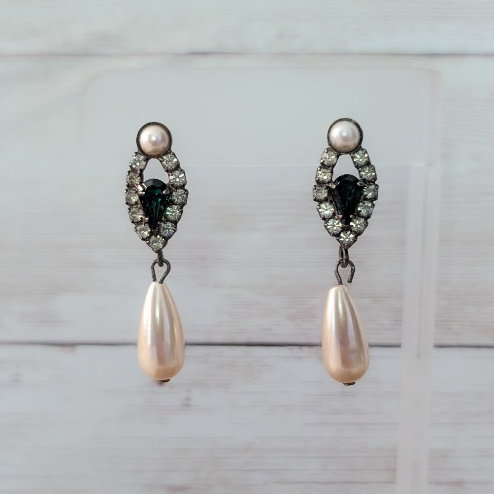 Vintage Stud Earrings Statement Faux Pearl, Green & Clear Gem Dangle